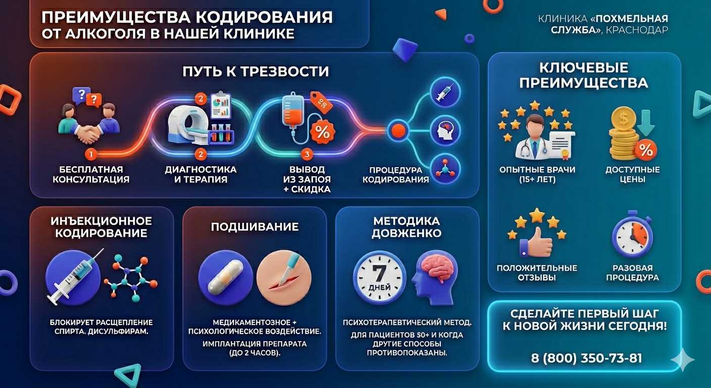 Инфографика о методах кодирования от алкоголя в Дубне: инъекции, подшивание, метод Довженко. Преимущества клиники и этапы лечения.